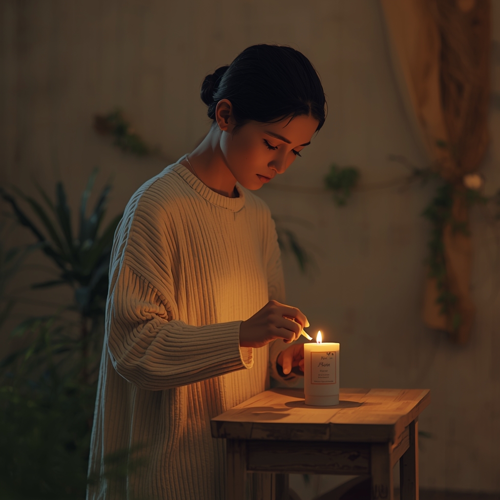 a warm and intimate scene of a person with gentle facial features and soft skin tone, possibly with a calm expression, standing in a serene environment, gently lighting a candle with a match