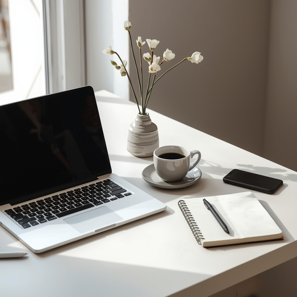 How Intentional Living Can Support Your Path to Making Money Online calm workspace with laptop, journal, coffee, and soft natural light —