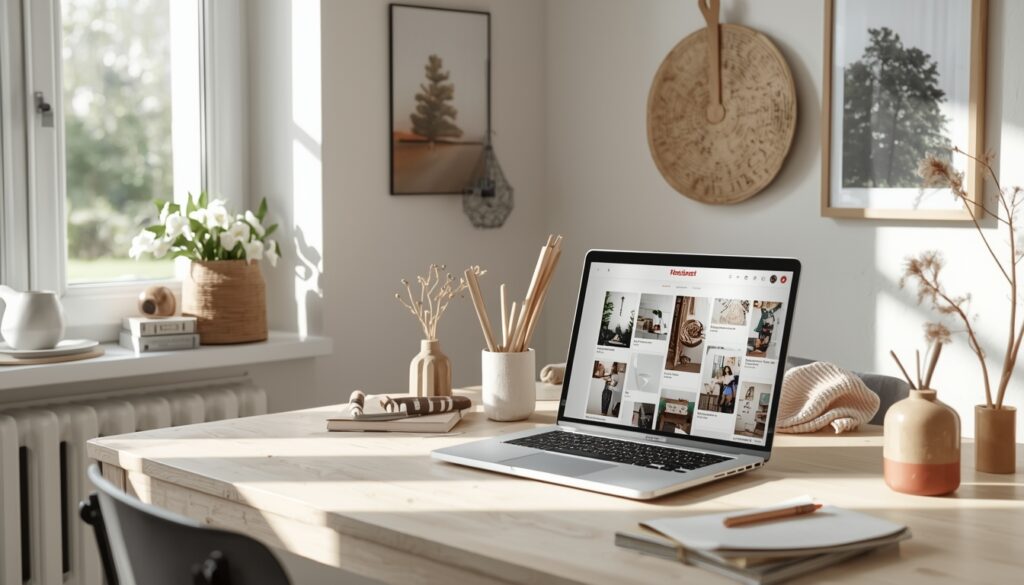 clean desk, journal, laptop, soft morning light, neutral tones