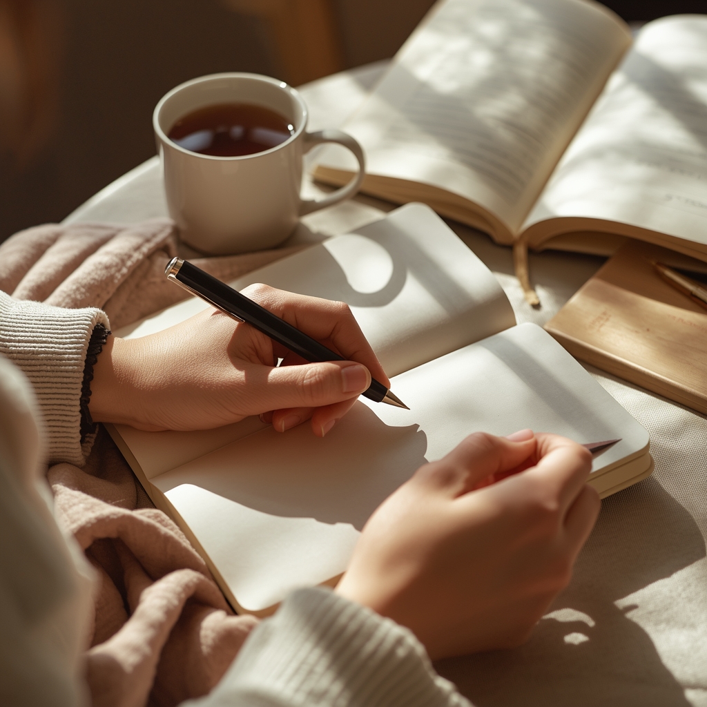 “hands journaling in morning light, pen in hand, open notebook, cup of tea nearby, soft and calm workspace
