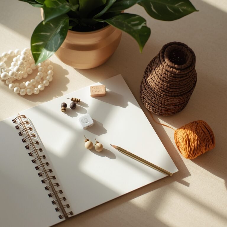 workspace with soft morning light, beads, threads