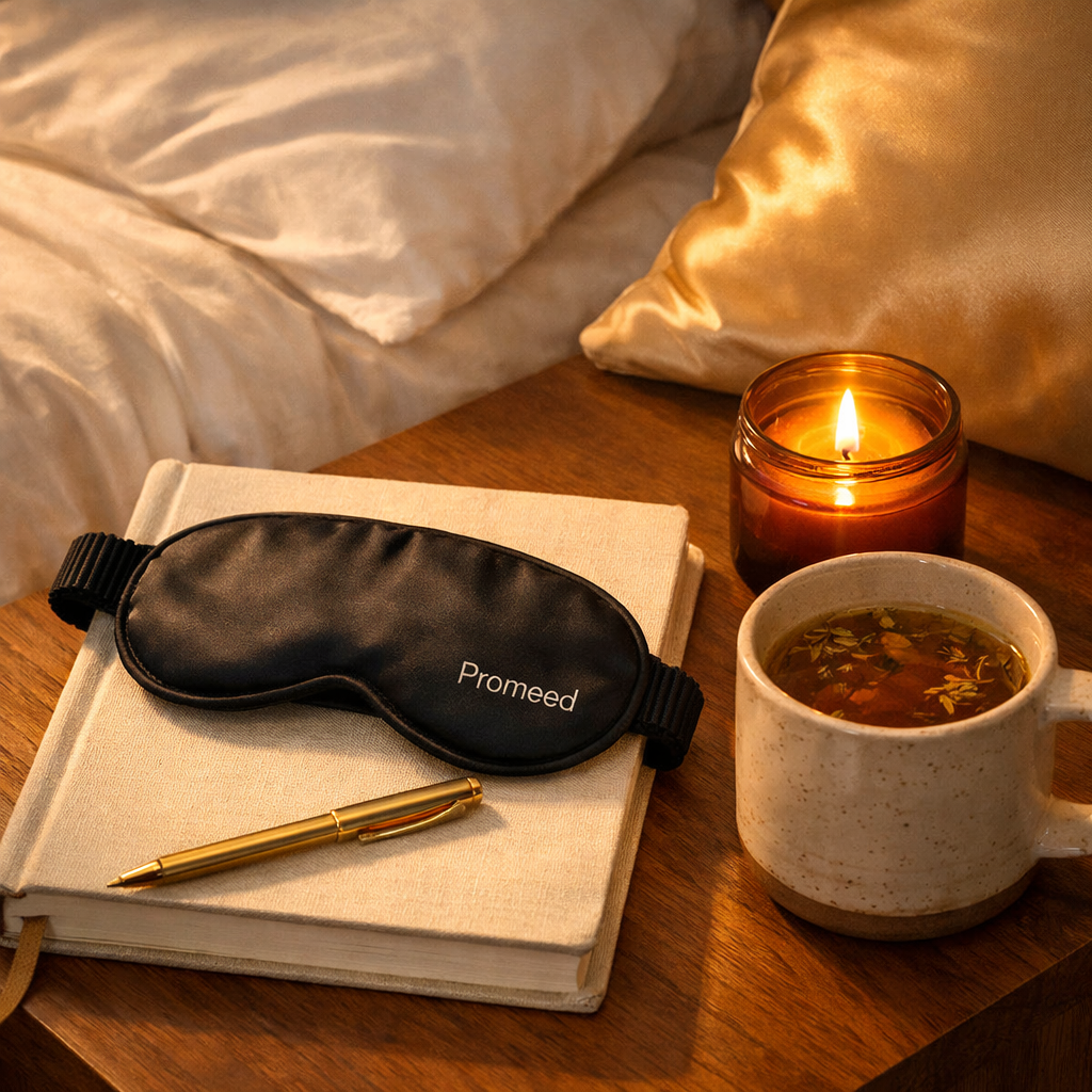 The 5-Step Evening Reset for a Soft Life a close up, high angle shot of a bedside table at golden hour. on the table is a promeed silk sleep mask resting on an open linen bound journal with a gold pen.