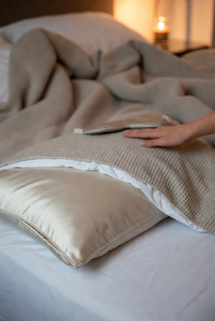 a folded satin pillowcase peeks from the edge of the bed, which is dressed in crisp white sheets and textured neutral blankets.