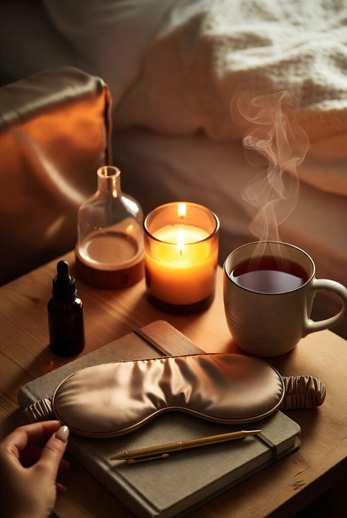 a softly lit bedside scene at night, bathed in warm amber and golden tones. a wooden nightstand holds a curated collection of cozy nighttime essentials.