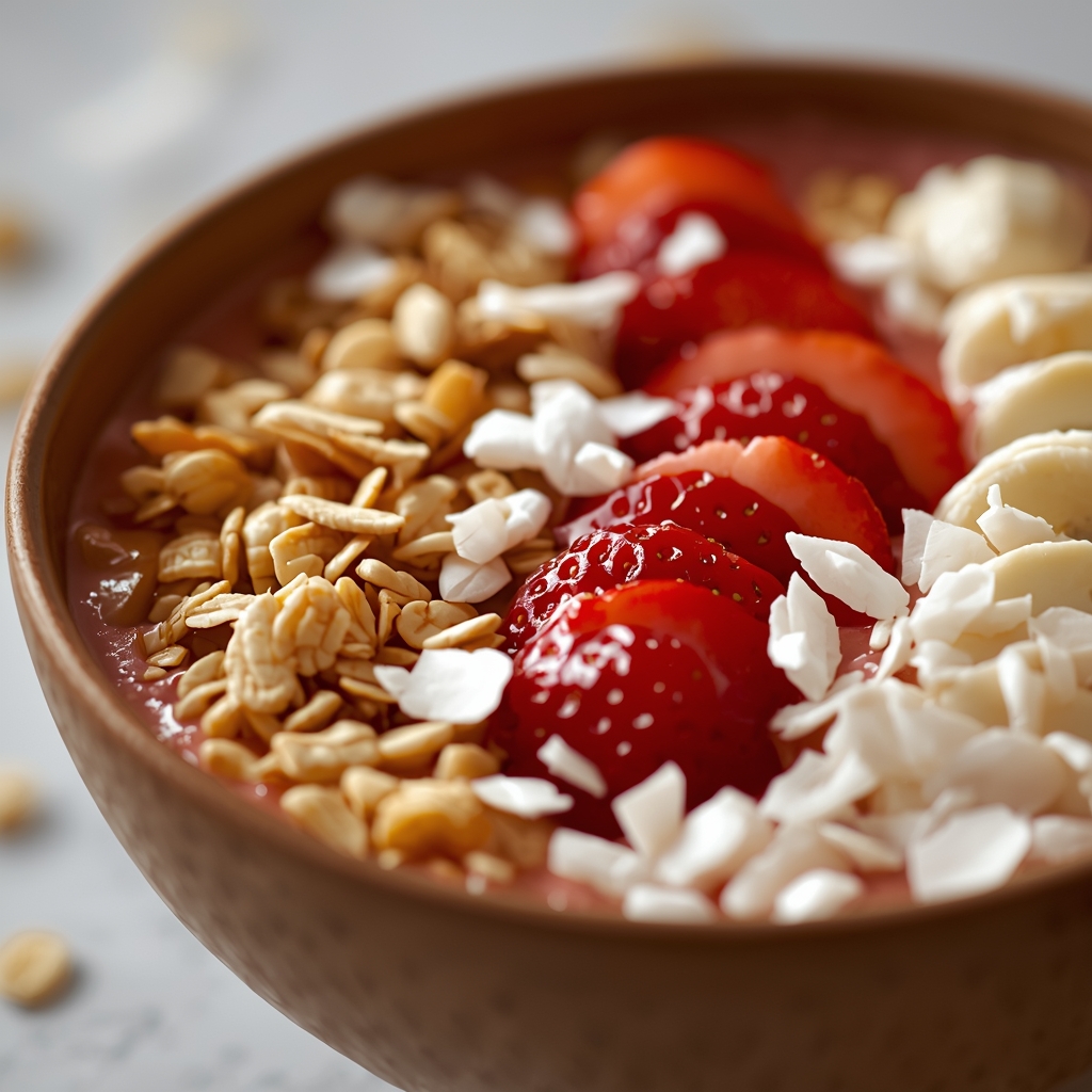 lucid origin close up of a thick creamy strawberry banana smoothie bowl with detailed topping 0