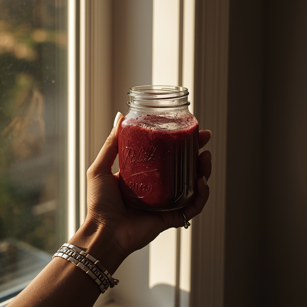 lucid origin “woman holding stabeery smoothie jar near window glowing morning light only ha 0 (1)