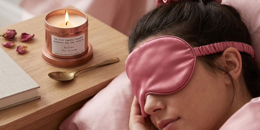 My Night Routine Essentials for Relaxation & Better Sleep pink silk mask for beautiful sleep, scented candle