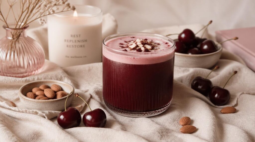 gpt image 2 a beautifully styled glass of cherry almond night elixir placed on a textured li 0