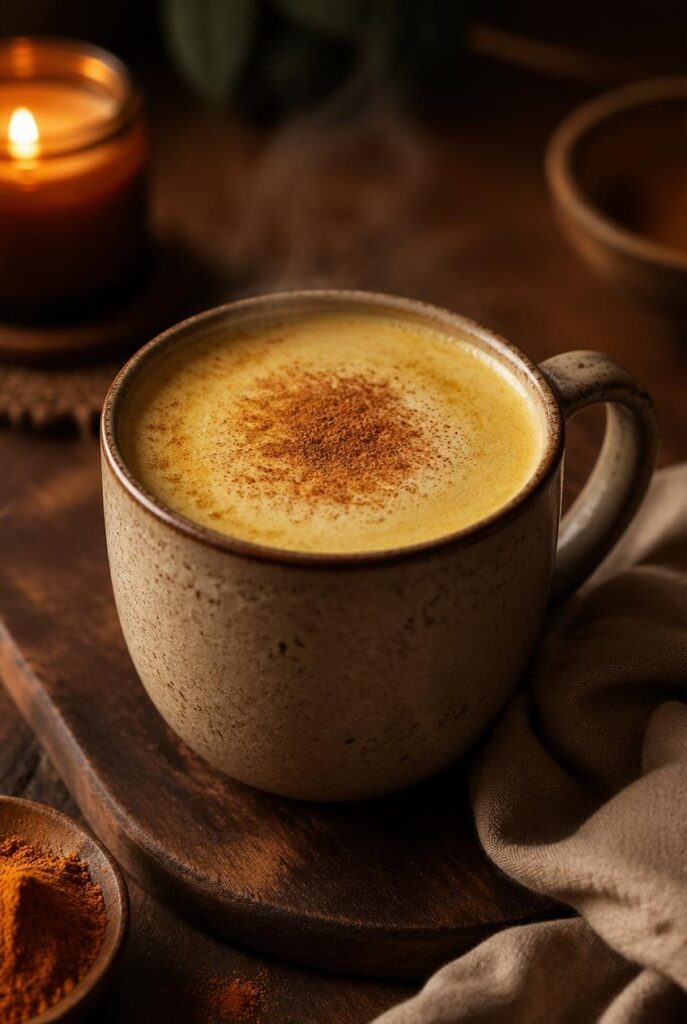 gpt image 2 a ceramic mug of golden turmeric latte topped with light foam sprinkled cinnamon 0