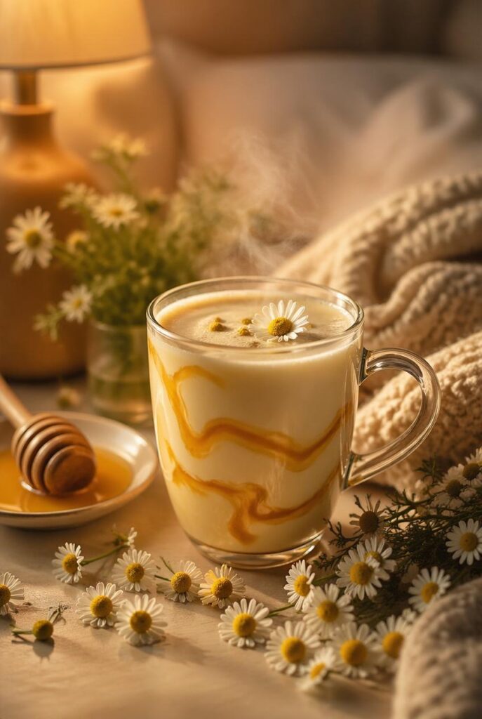 image 2 a clear glass mug of chamomile tea latte with golden honey swirl chamomile flowe 0