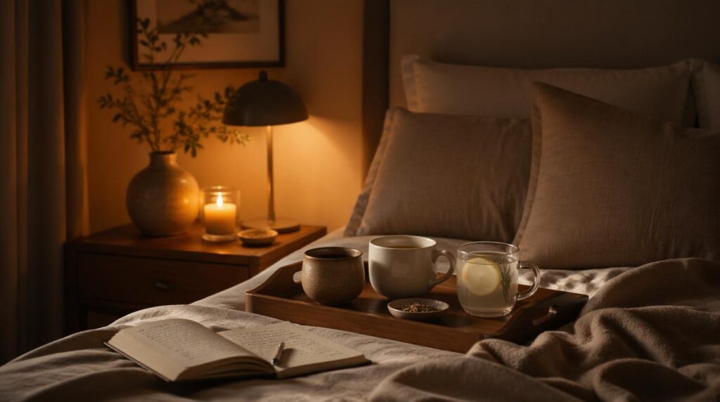 gpt image 2 a cozy nighttime scene showing a softly lit bedroom with warm amber lighting a w 0