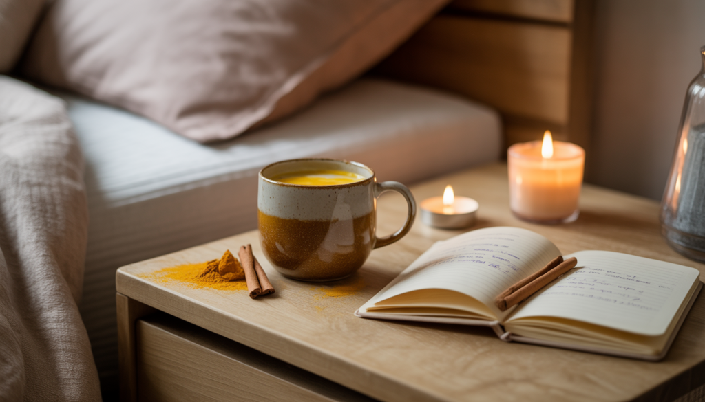 ideogram v3.0 a warm aesthetic nighttime scene of a ceramic mug filled with golden turmeric la 0