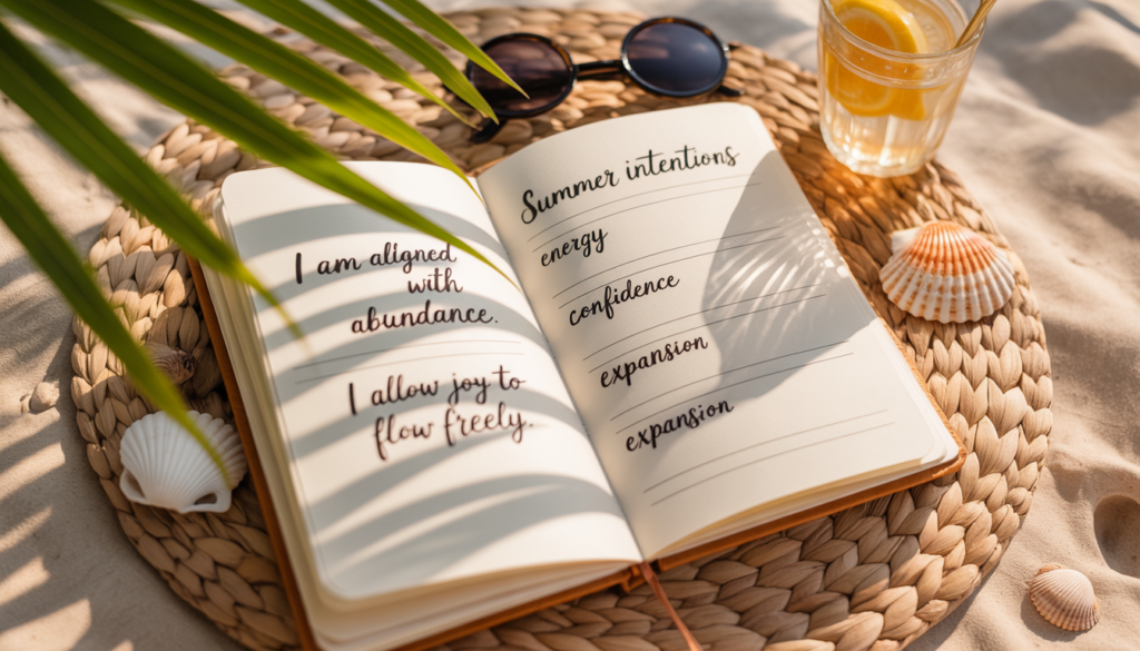 ideogram v3.0 an open journal placed on a woven beach mat outdoors with golden sunlight and so 0