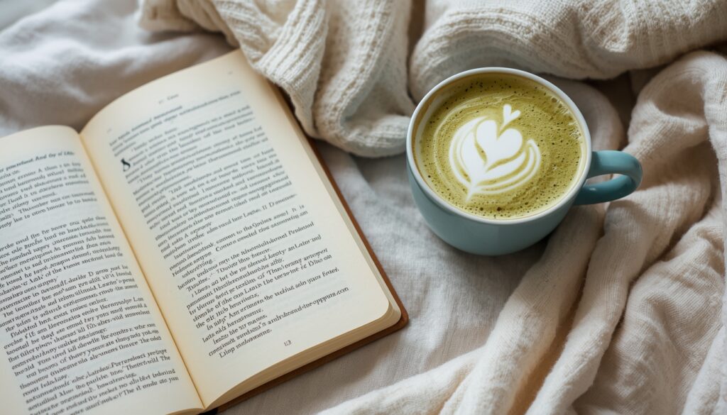 lucid origin a cozy setup with a matcha latte next to an open journal or book soft blanket ne 0