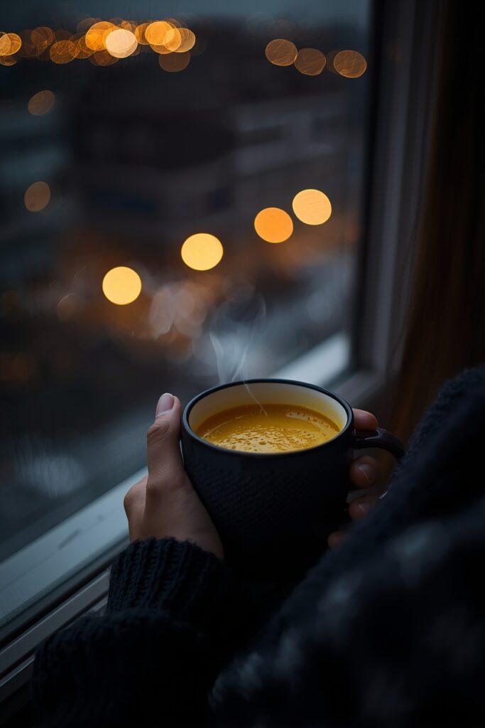 lucid origin a peaceful evening self care moment a person holding a warm golden turmeric latt 0