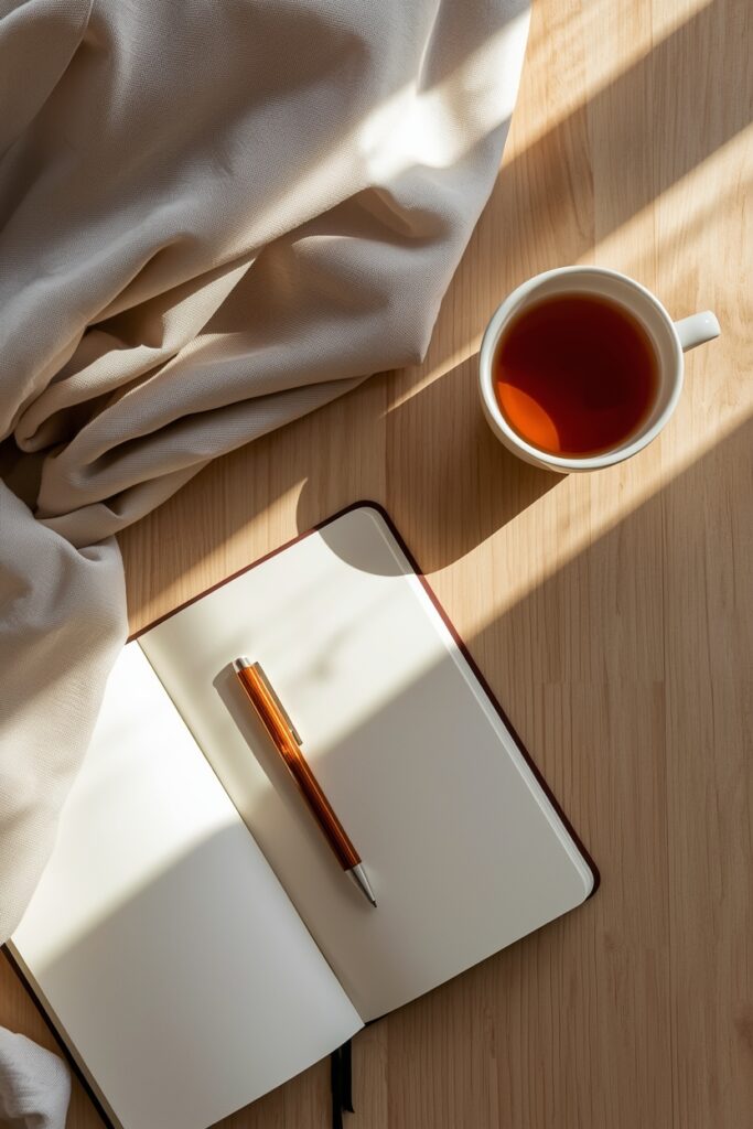 lucid origin a soft aesthetic flat lay of an open journal pen and warm tea on a wooden surfac 0