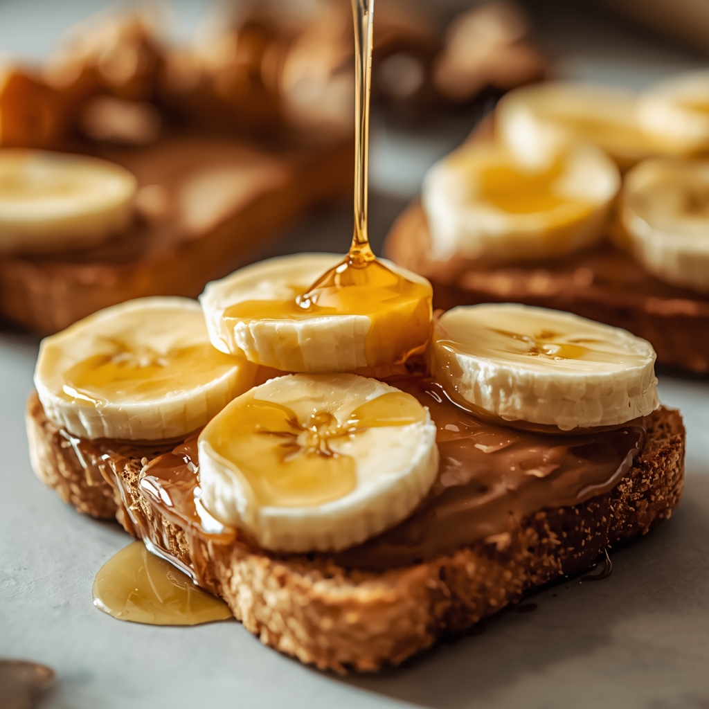 lucid origin “close up of banana slices layered on almond butter toast with glossy honey dr 0