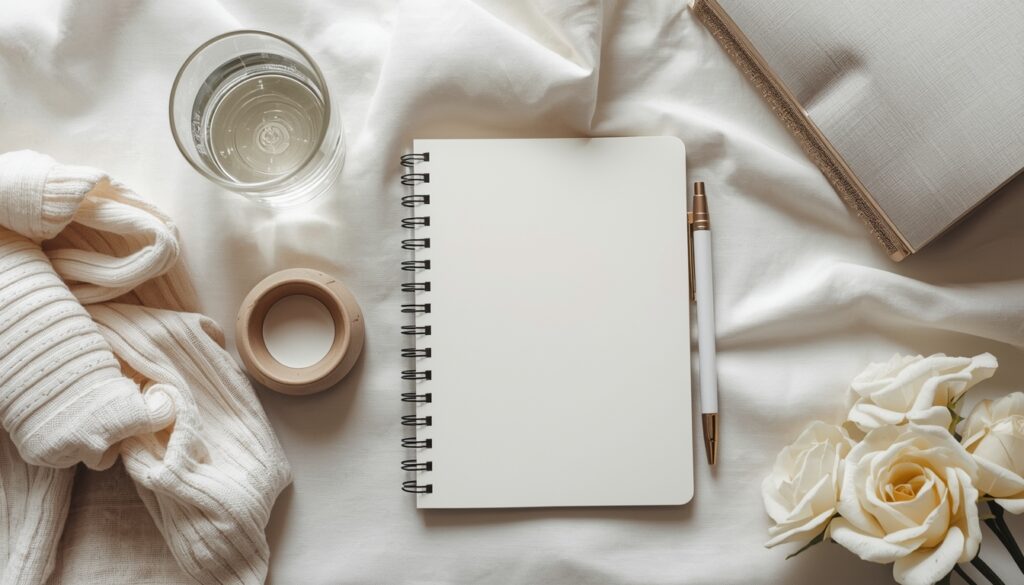 lucid origin flat lay of self care items like water glass journal pen soft neutral tones peac 0 (1)