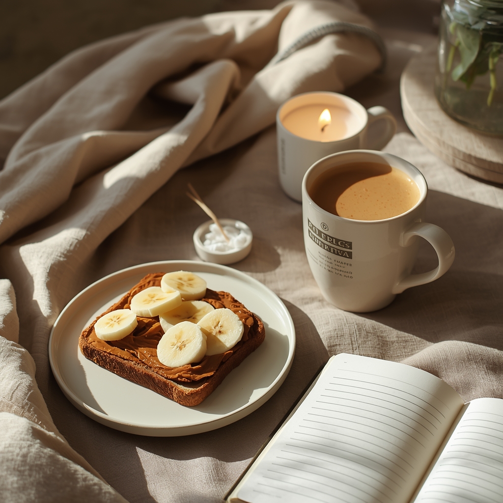 lucid origin “slow morning ritual setup with banana almond butter toast a warm latte in a c 0
