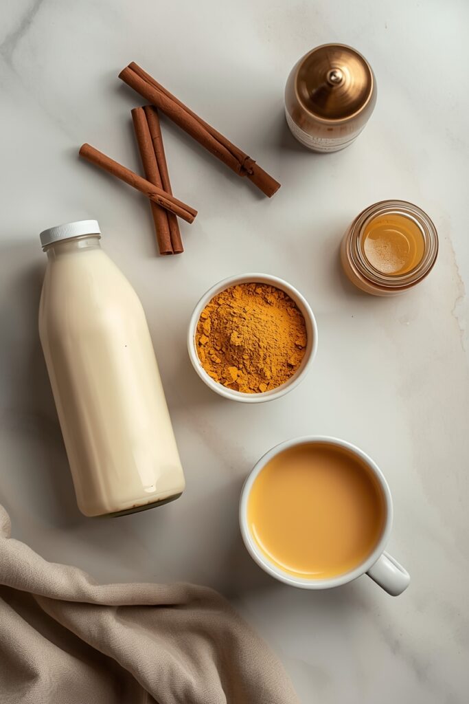lucid origin top down flatlay of ingredients for golden milk latte arranged neatly on a light 0