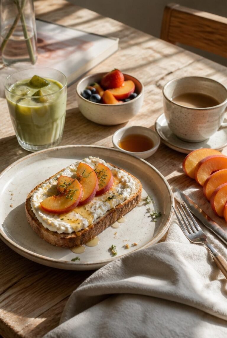 Whipped Ricotta Toast with Hot Honey & Peaches